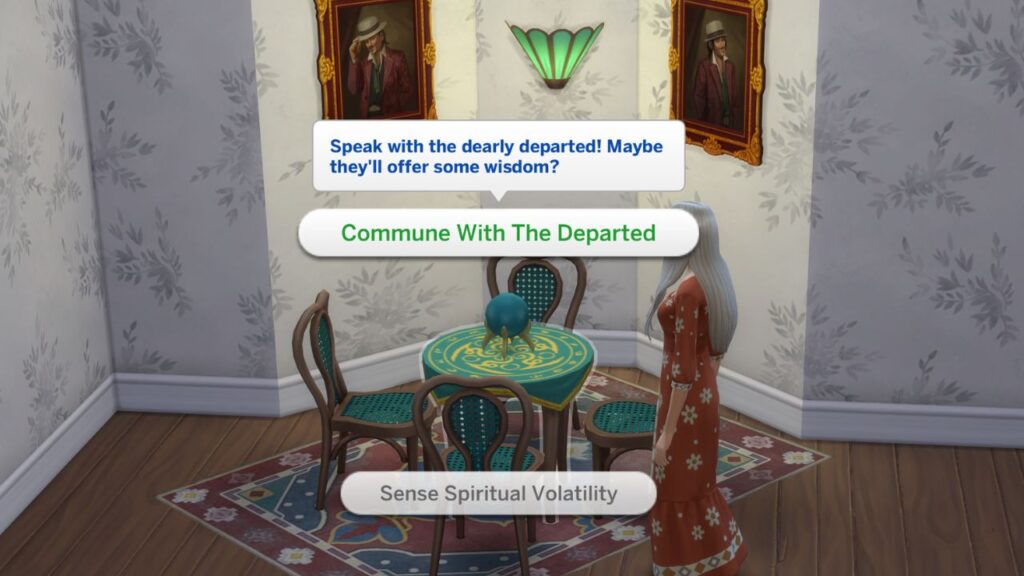 A screenshot from The Sims 4 showing the option to commune with the departed on a seance table