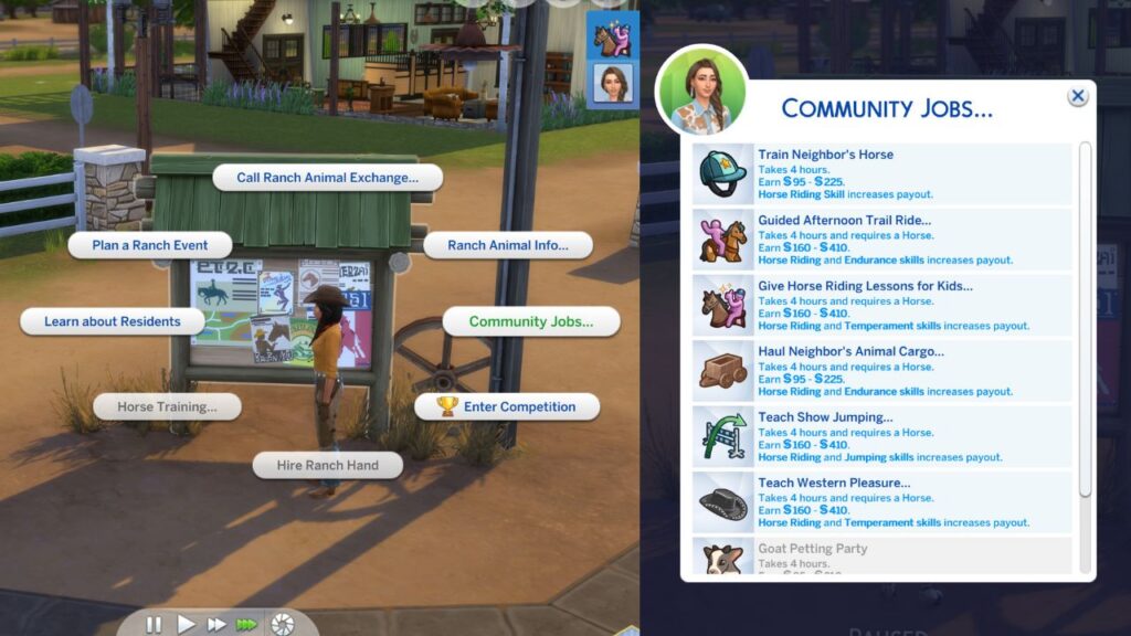 A screenshot in The Sims 4 showing the community jobs you can do 