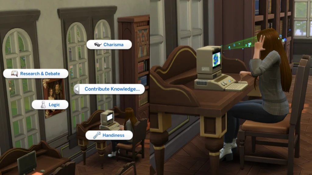 A set of two screenshots from The Sims 4. The first has the contribute knowledge menu for the archive machine, the second has a sim contributing knowledge.