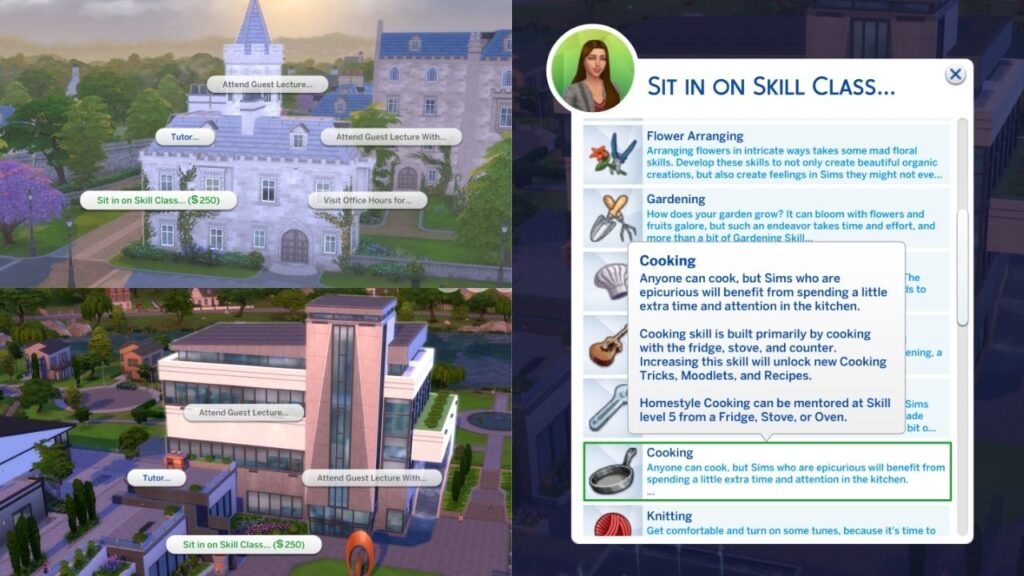 A set of two screenshots from The Sims 4 showing the option to take a cooking skill class