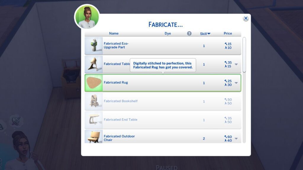 A screenshot from the sims 4 showing how to fabricate a rug