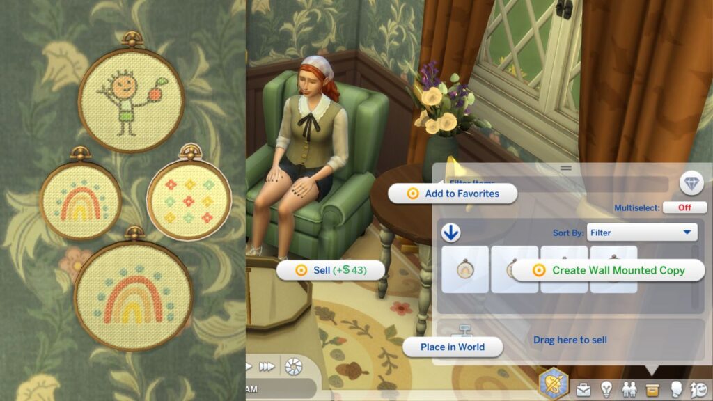 A screenshot showing cross-stitch pieces on a wall and the option to create a wall mounted copy