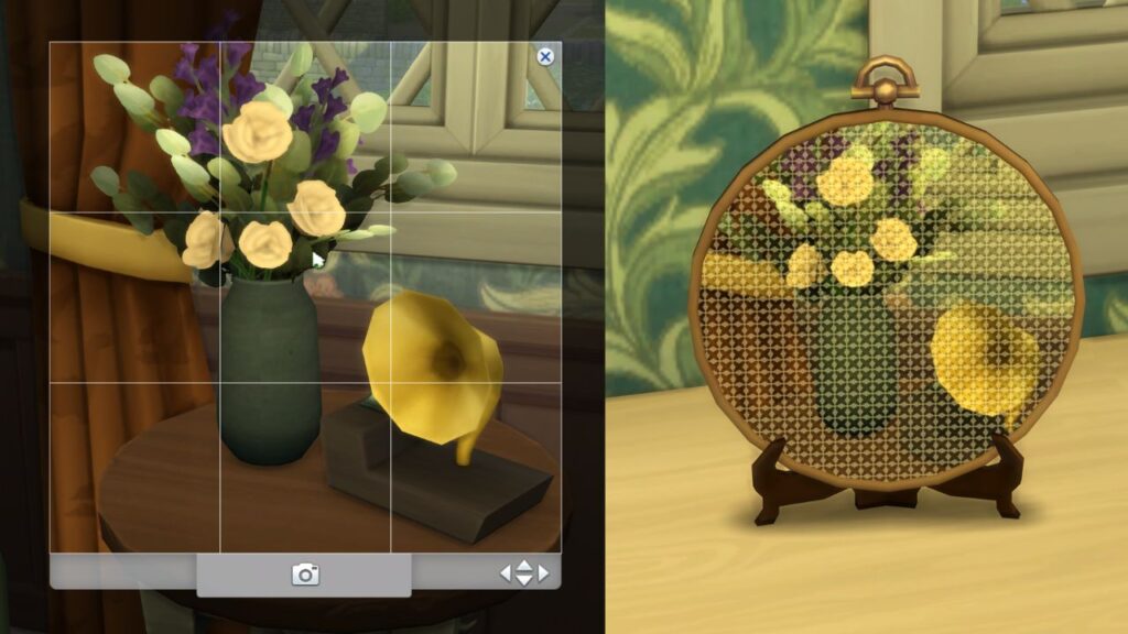 A screenshot from the sims 4 showing a cross-stitch from reference