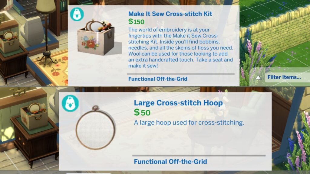 A screenshot from The Sims 4 showing the options for the make it sew cross stitch kit and large hoop available for purchase.