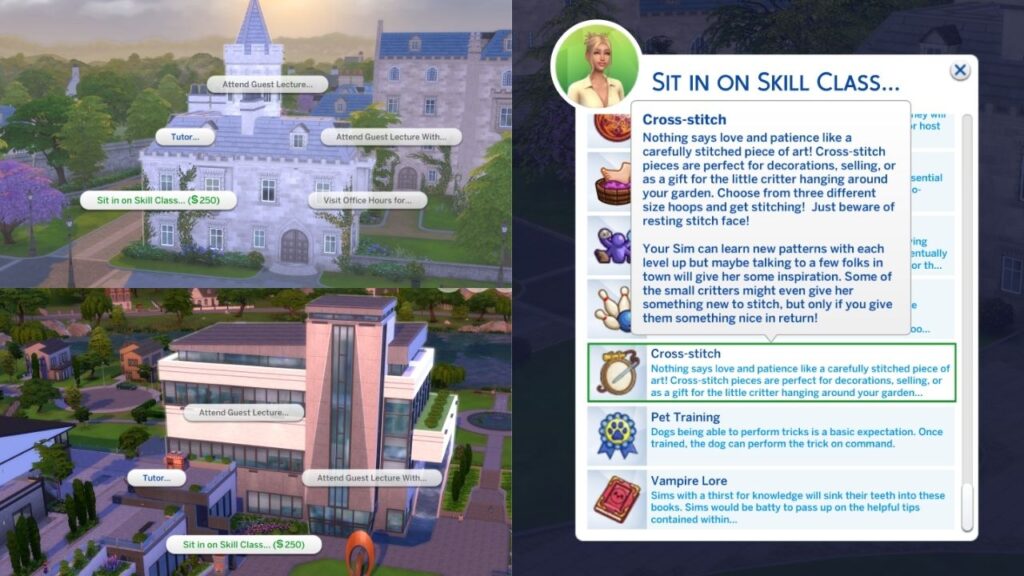 A screenshot from The Sims 4 showing the option to take a cross-stitch class at University