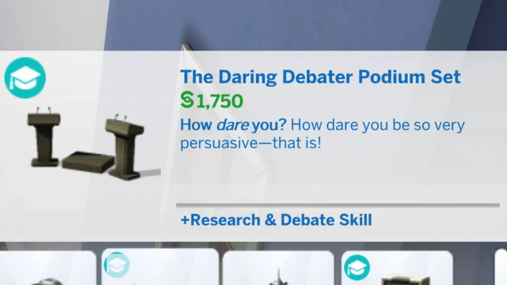 A screenshot from The Sims 4 showing the Daring Debater Podium build mode listing