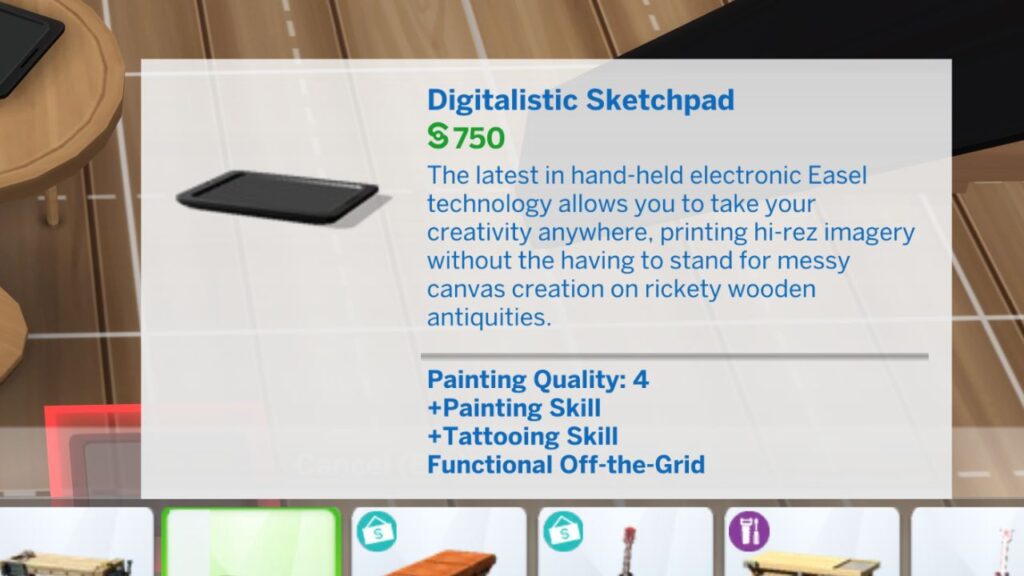 A screenshot from The Sims 4 of the build mode listing to the digitalistic sketchpad