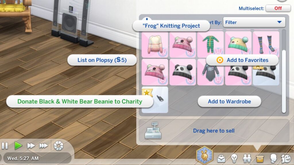 A screenshot from The Sims 4 showing how to donate a knit item to charity