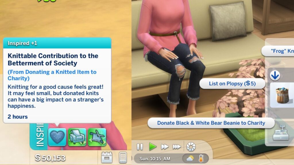 A screenshot showing that you can knit items and donate them to charity to get an inspired moodlet