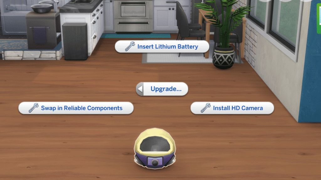 A screenshot from The Sims 4 showing the upgrade options for a drone 