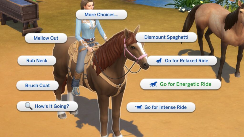 A screenshot from The Sims 4 of a sim riding a horse and the go for energetic ride highlighted 
