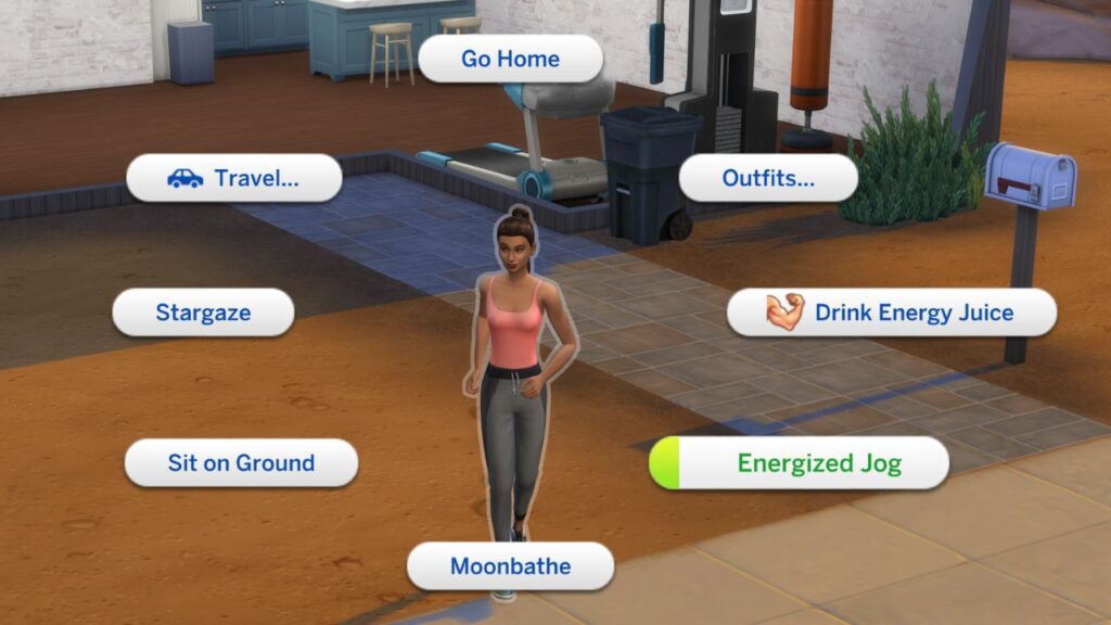 A screenshot from The Sims 4 of a sim going on an energized jog