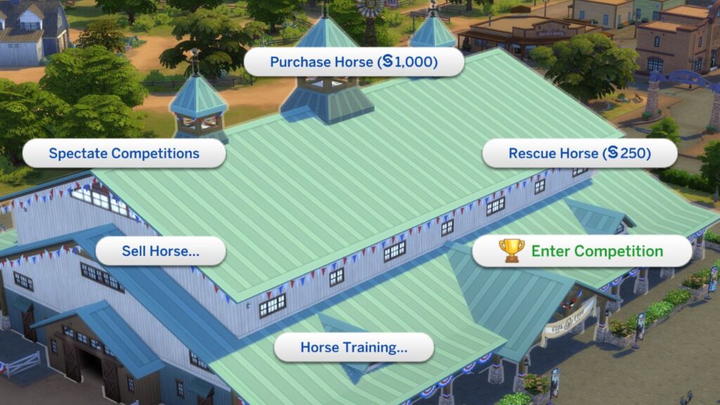 A screenshot from The Sims 4 showing how to enter competition for horses