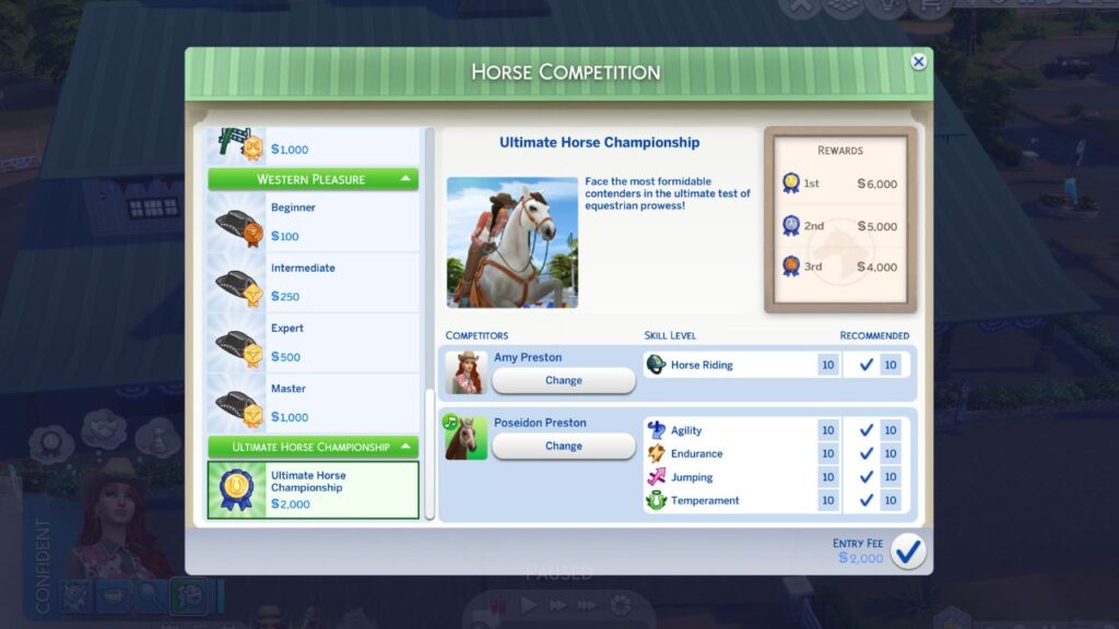 A screenshot of the menu options for an ultimate horse championship