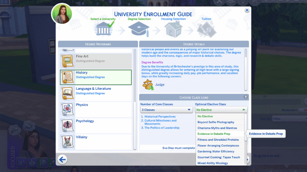 A screenshot of the University Enrollment Guide for The Sims 4. This has the elective class Evidence in Debate Prep highlighted