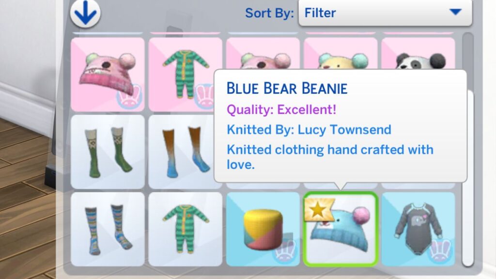 A screenshot from The Sims 4 showing an excellent quality knittable in a sim's inventory