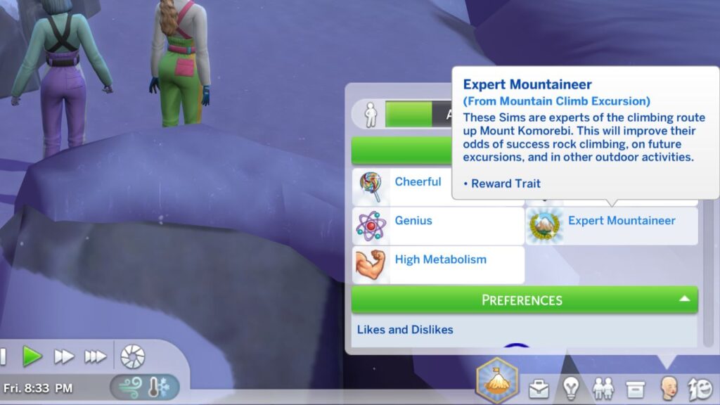 a screenshot of the expert mountaineer trait in the sims 4 