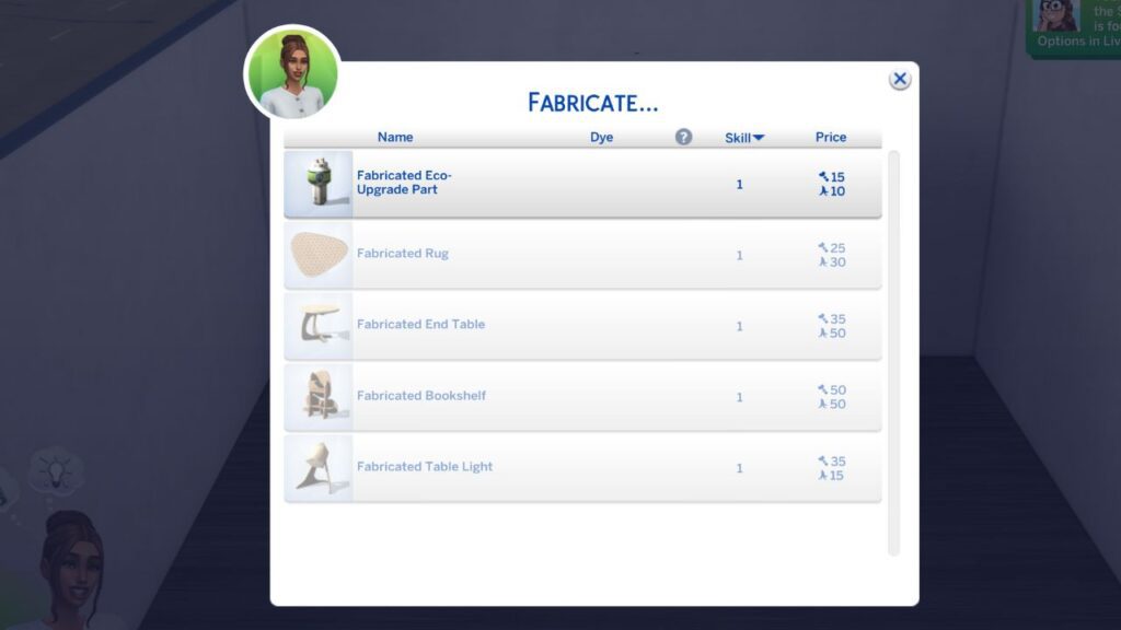 A screenshot from The Sims 4 showing the fabrication options a sim has