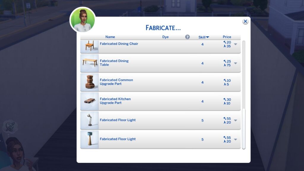 A screenshot from The Sims 4 showing the fabricate screen and options of what a sim can fabricate
