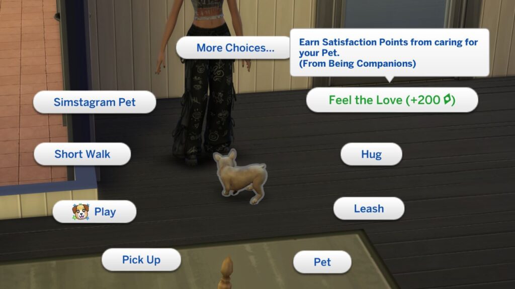 A screenshot from The Sims 4 showing a +200 feel the love interaction 