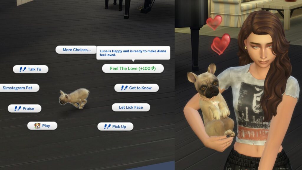 A screenshot from The Sims 4 of the feel the love interaction with pets