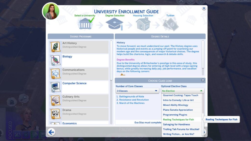 A screenshot from The Sims 4 showing the option to take Reeling Techniques for Fish as an elective in University