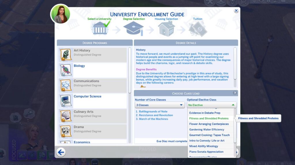 A screenshot from The Sims 4 showing the university enrollment guide with the fitness and shredded proteins elective highlighted 