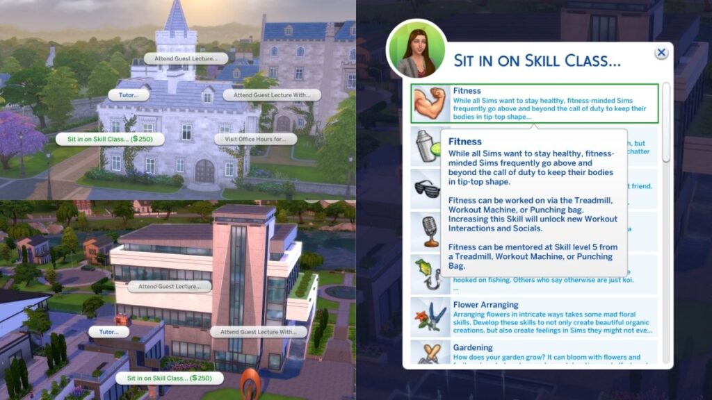 A screenshot from The Sims 4 showing the option to sit in on a skill class for fitness