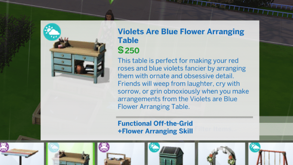 A screenshot from The Sims 4 showing the violets are blue flower arranging table 