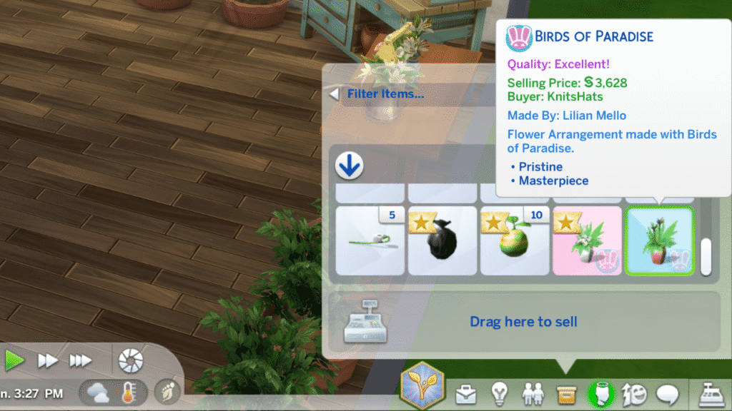 A screenshot from The Sims 4 showing the plopsy sales page for a flower arrangement