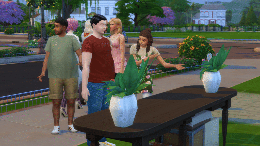A screenshot from The Sims 4 showing a sim selling flowers at a yard sale