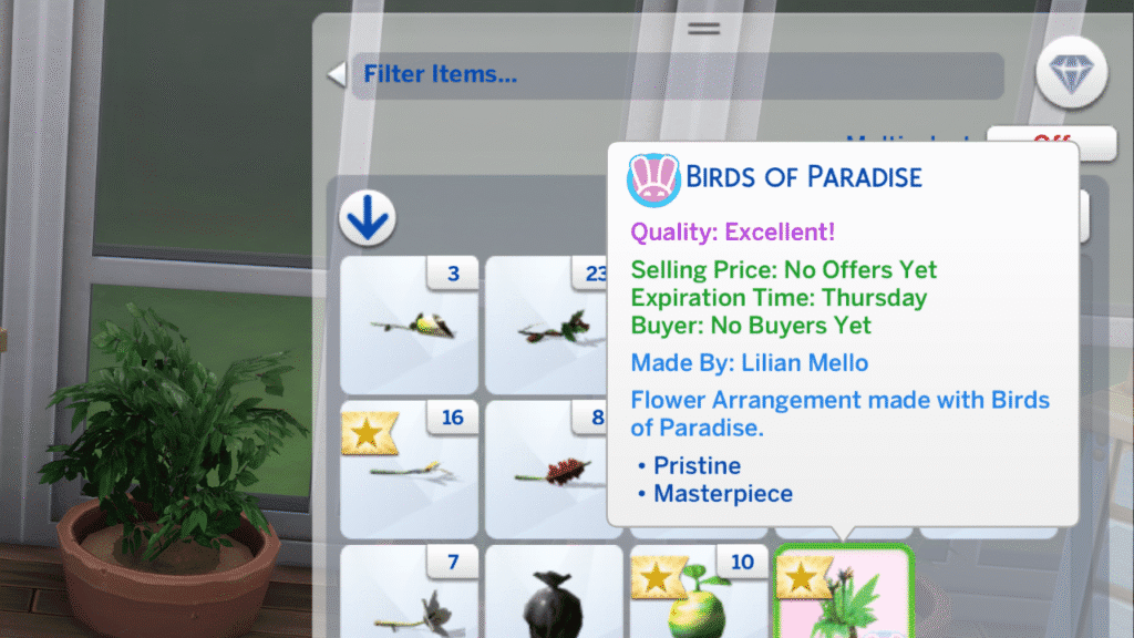 A screenshot from The Sims 4 showing the plopsy listing for a flower arrangement