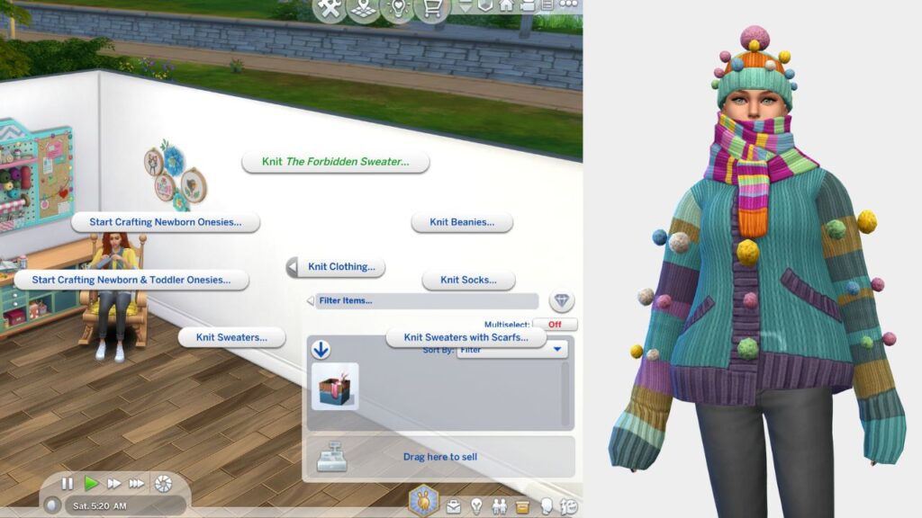 A screenshot from The Sims 4 showing how a sim can knit the forbidden sweater and a sim wearing it