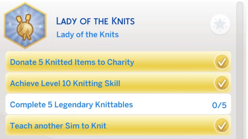 A screenshot from The Sims 4 showing the fourth stage of the lord or lady of the knits aspiration