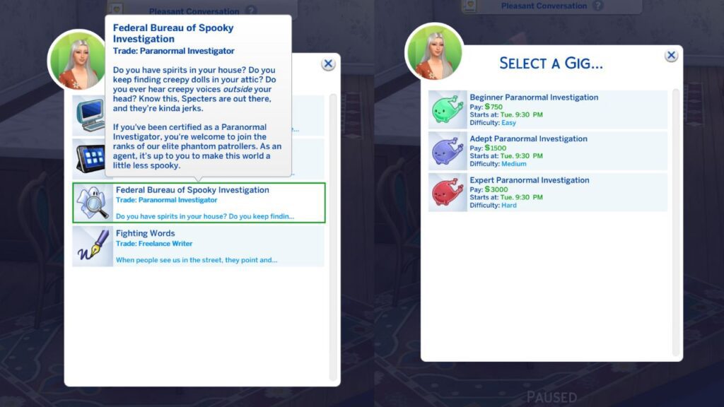 Two screenshots from The Sims 4 showing the option to choose a branch of the freelancer career and the option to pick a gig as a paranormal investigator with the medium skill
