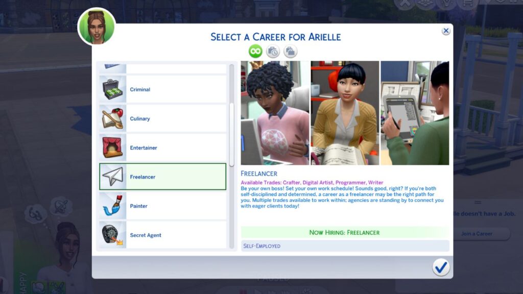 A screenshot of the freelancer career in The Sims 4