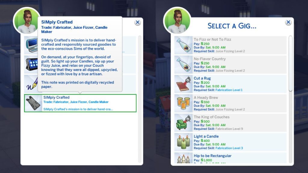 a screenshot from the sims 4 showing how to get a gig in the freelance crafter career