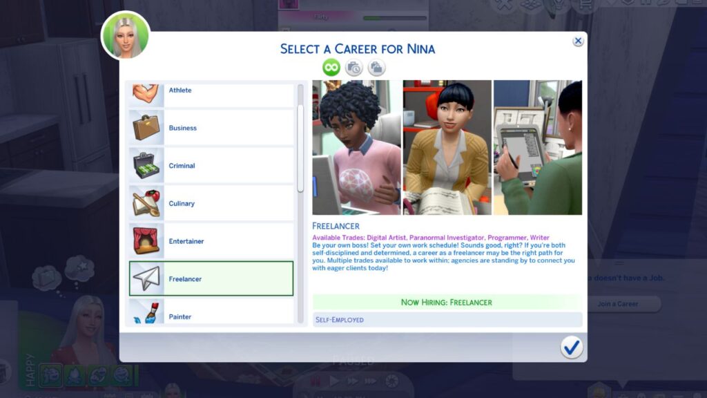 A screenshot from The Sims 4 of a sim joining the freelancer career