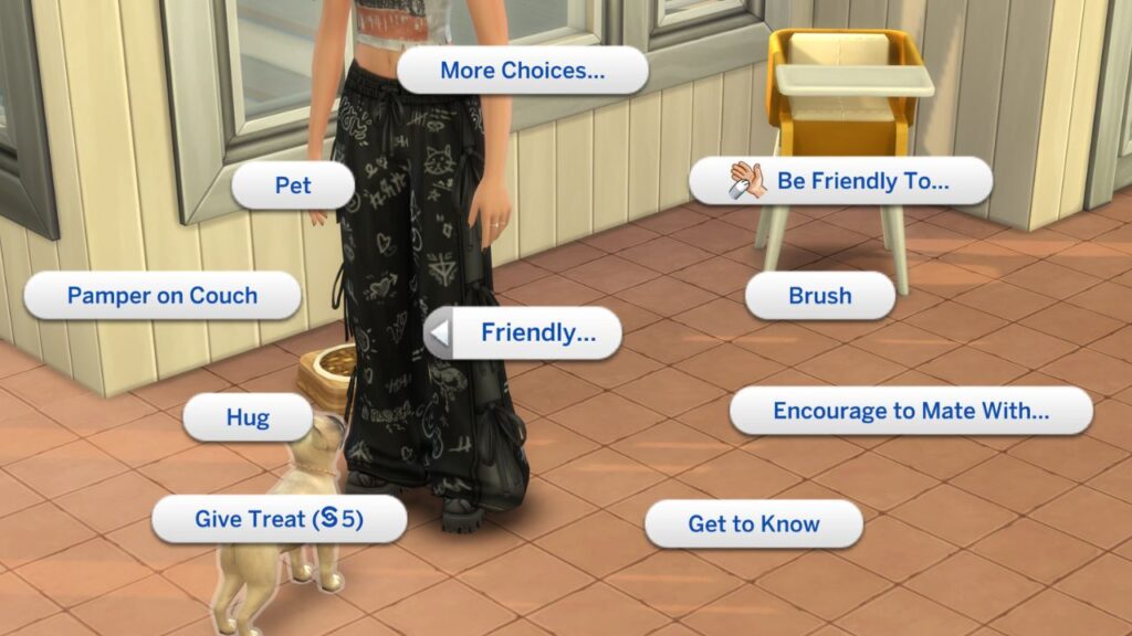A screenshot from The Sims 4 showing the friendly interactions with pets that you need for the friend of the animals aspiration.