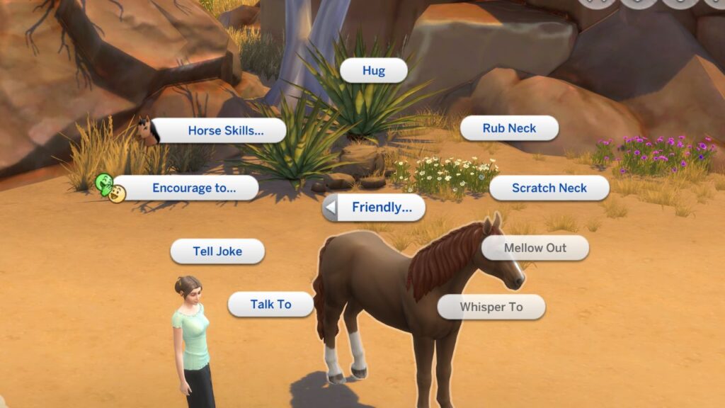 A screenshot from The Sims 4 showing the friendly interactions with a horse 