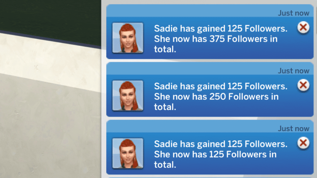 A screenshot from The Sims 4 showing notifications for a sim gaining followers while streaming