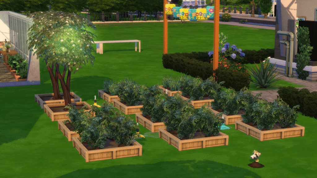 A screenshot from The Sims 4 showing a backyard garden with 16 plots and a cowplant