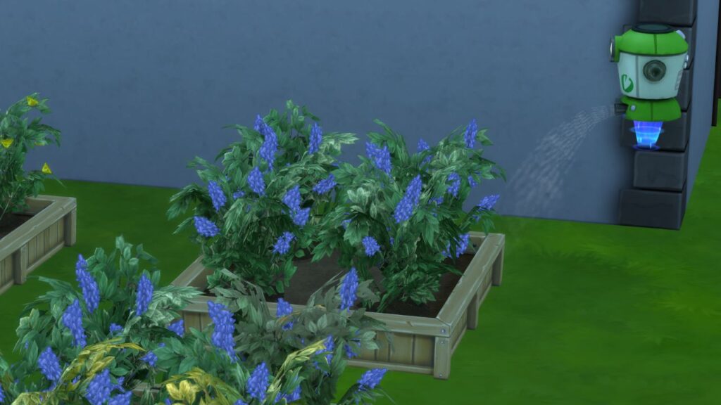 A screenshot from The Sims 4 showing a gardener-bot watering plants 