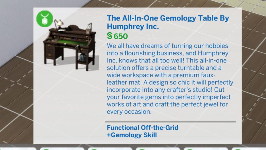 A screenshot from The Sims 4 for the gemology table
