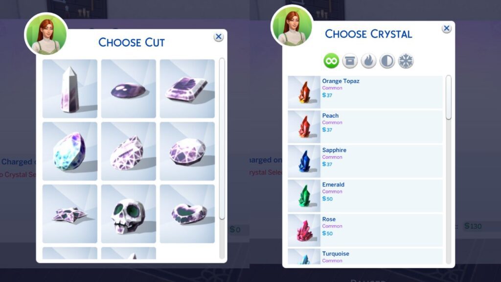 A set of two screenshots from The Sims 4 showing the option to choose cut and crystal for gemstones