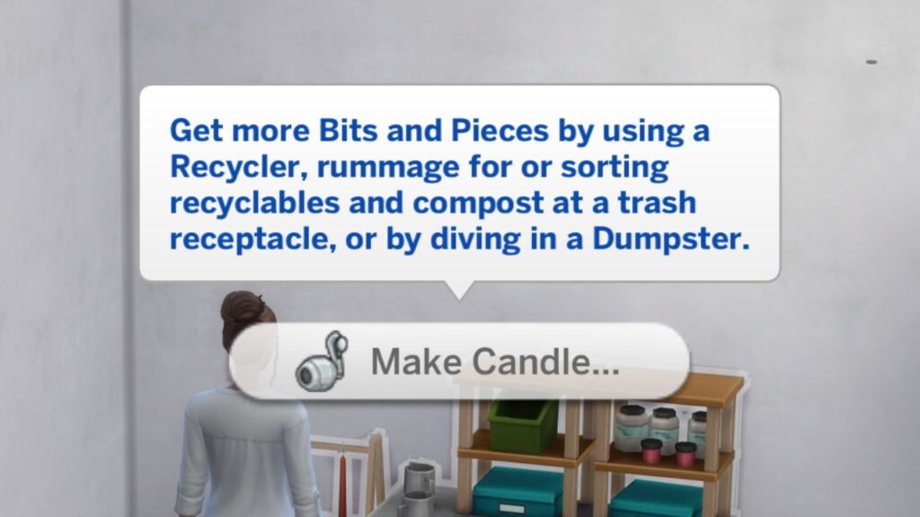 A screenshot from The Sims 4 showing that a sim needs bits and pieces to make candles for the master maker aspiration