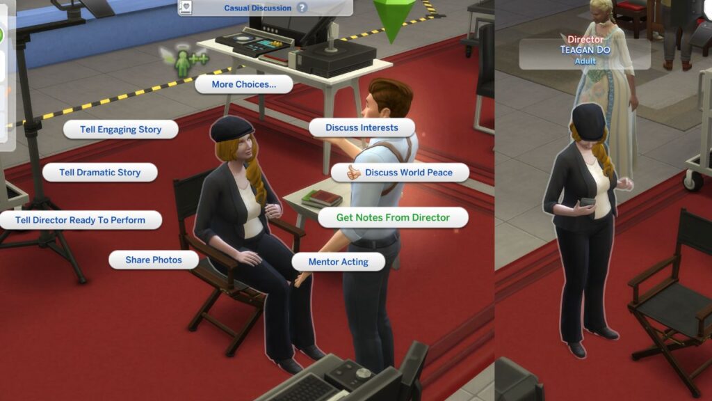 A screenshot from The Sims 4 showing how to get notes from director in acting skill