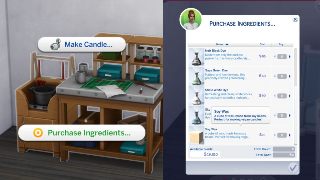 A screenshot from The Sims 4 showing how to purchase ingredients for candles