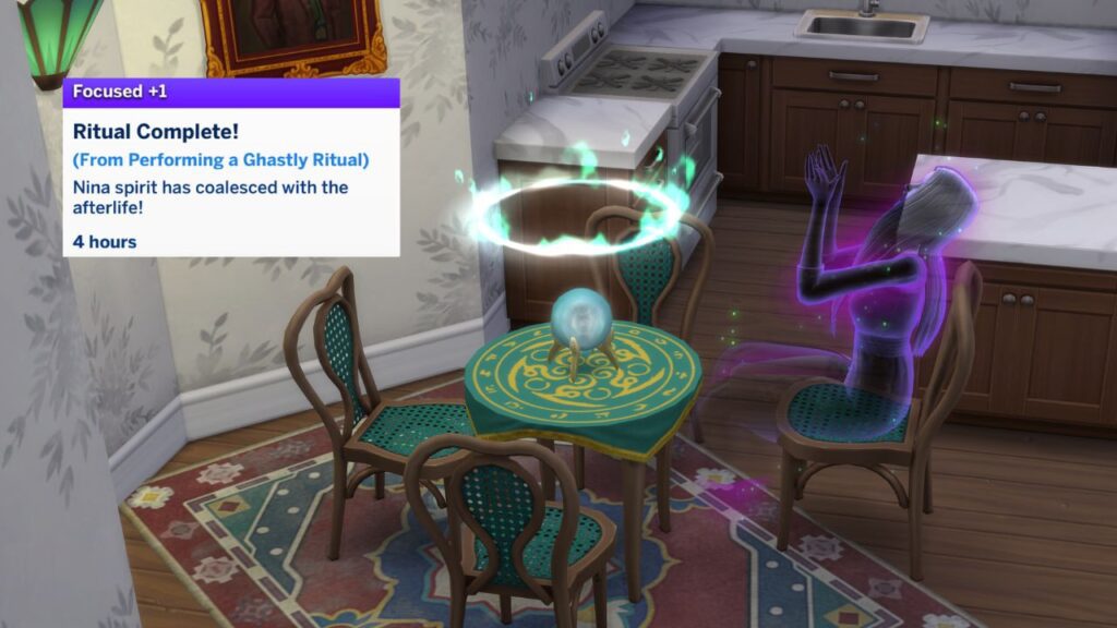 A screenshot of a sim as a ghost doing a ritual on a seance table