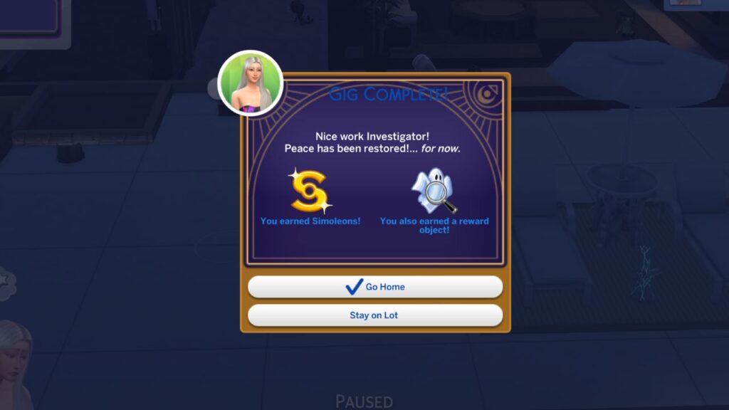 A screenshot of a completed gig for the paranormal investigator career